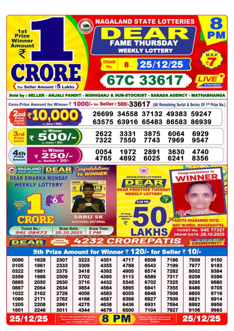 Lottery Sambad West Bengal 8 PM Result 25-12-2025