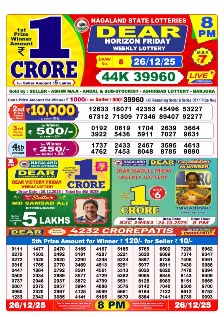 Lottery Sambad West Bengal 8 PM Result 26-12-2025
