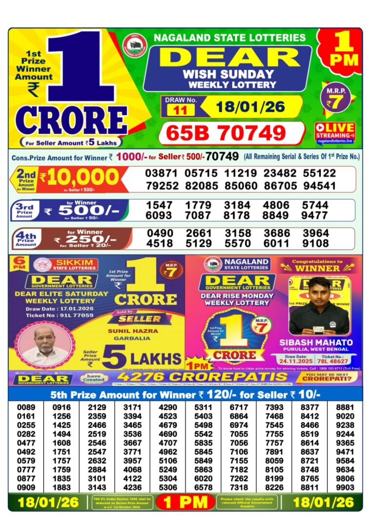 Lottery Sambad West Bengal 1 PM Result 18-01-2026