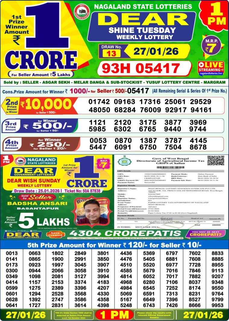 West Bengal Lottery Sambad 1PM Result 27-01-2026
