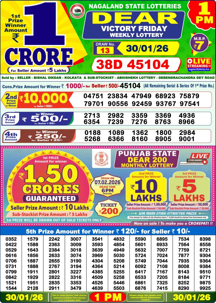 West Bengal Lottery Sambad 1PM Result 30-01-2026