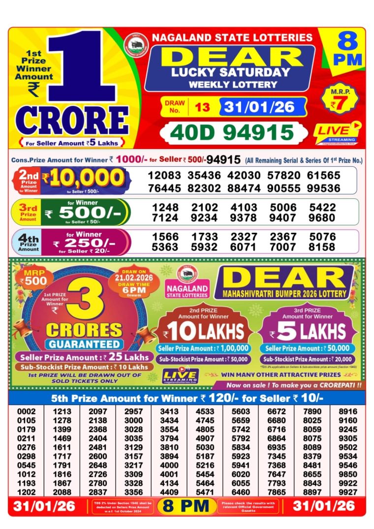 West Bengal Dear Lottery 8PM Result 31-01-2026