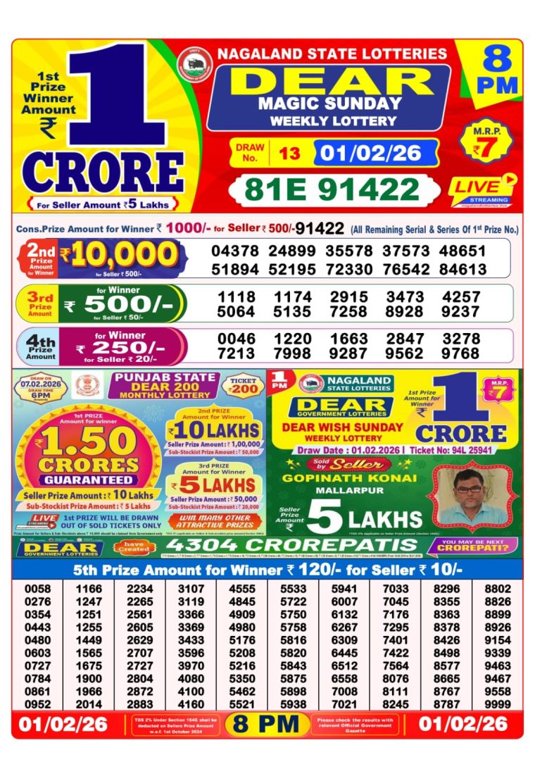 West Bengal Dear Lottery 8PM Result 01-02-2026