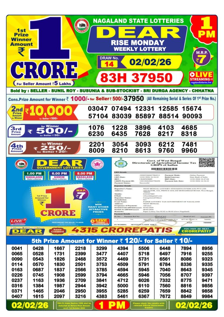 West Bengal Lottery Sambad 1PM Result 02-02-2026