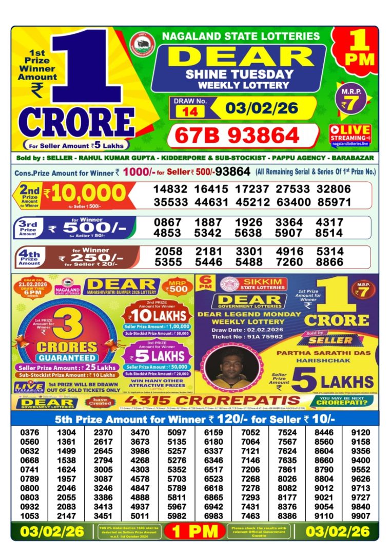 West Bengal Lottery Sambad 1PM Result 03-02-2026