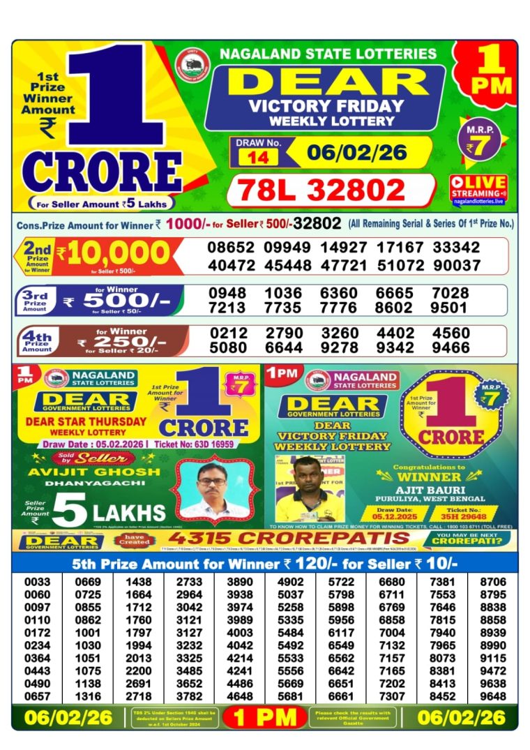 West Bengal Lottery Sambad 1PM Result 06-02-2026