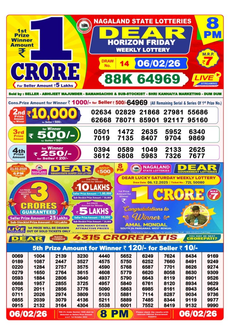 West Bengal Dear Lottery 8PM Result 06-02-2026