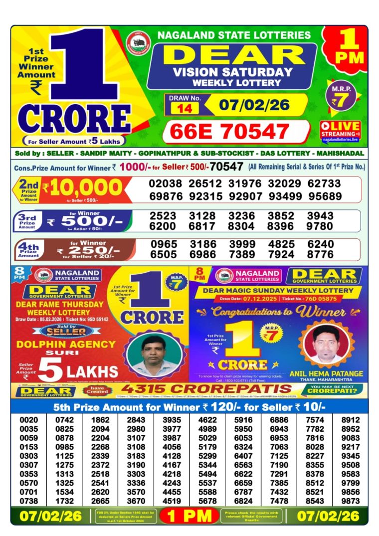 West Bengal Lottery Sambad 1PM Result 07-02-2026