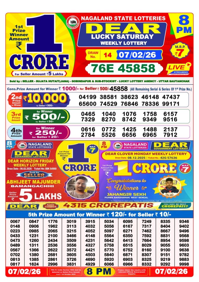 West Bengal Dear Lottery 8PM Result 07-02-2026