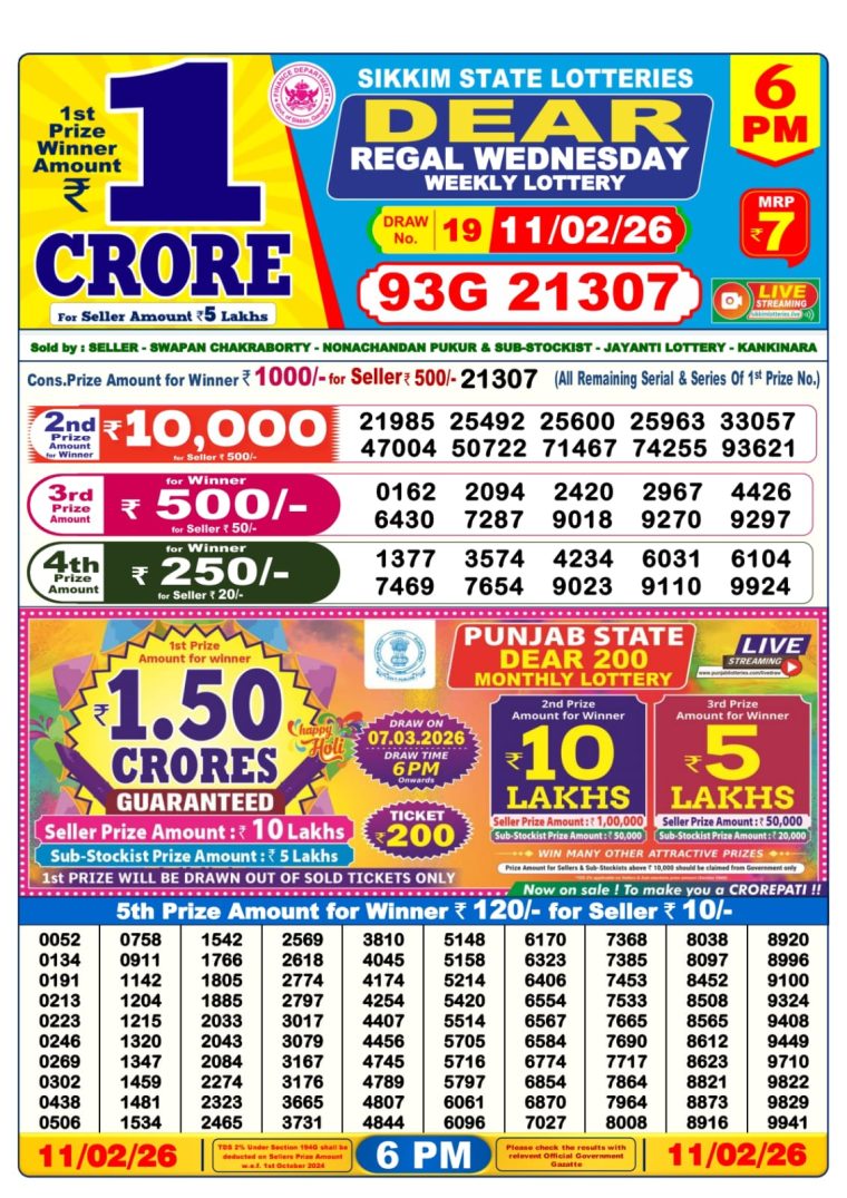 West Bengal Lottery Result 6PM 11-02-2026