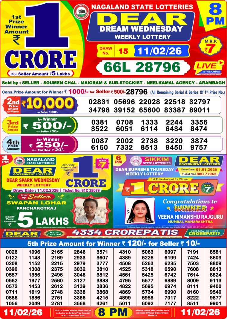 West Bengal Dear Lottery 8PM Result 11-02-2026