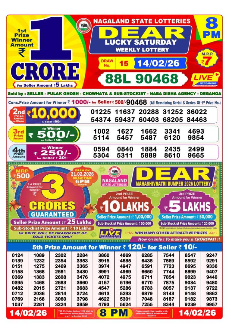 West Bengal Dear Lottery 8PM Result 14-02-2026