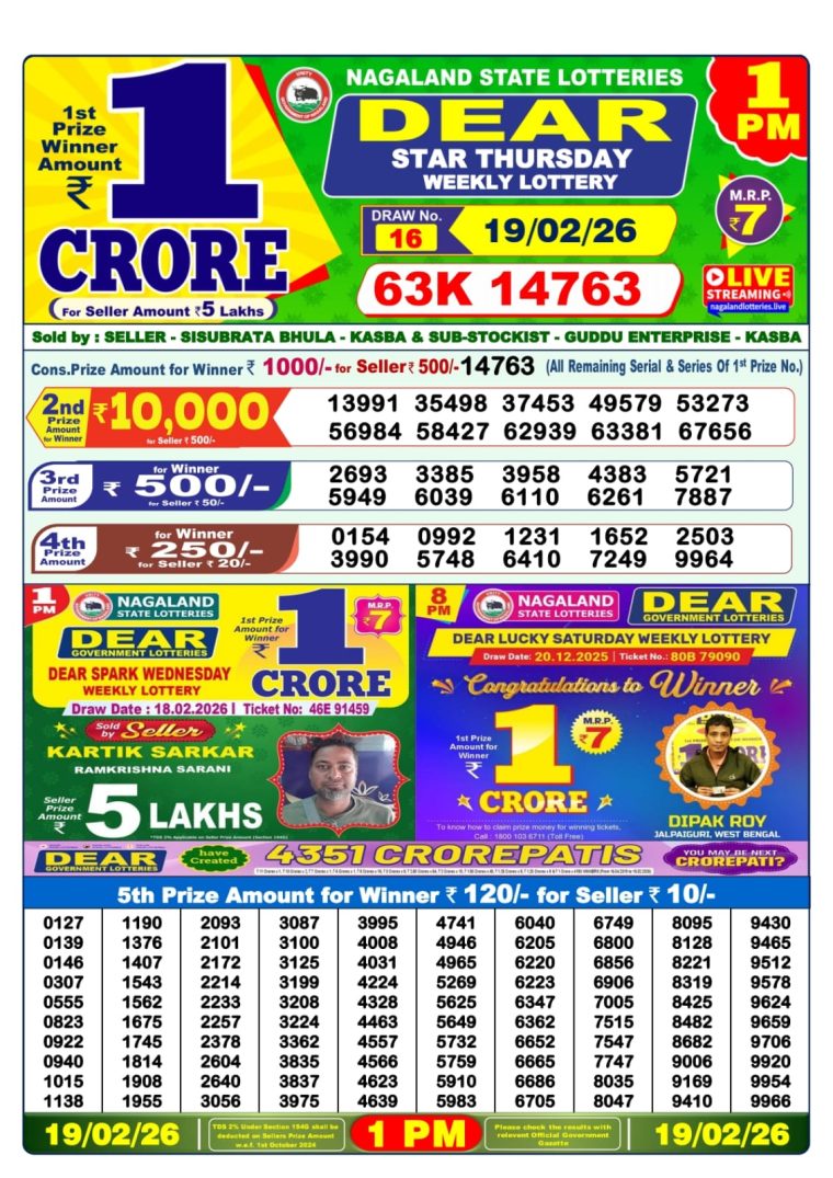 West Bengal Lottery Sambad 1PM Result 19-02-2026