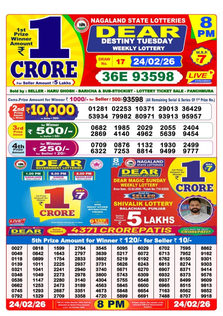 West Bengal Dear Lottery 8PM Result 24-02-2026