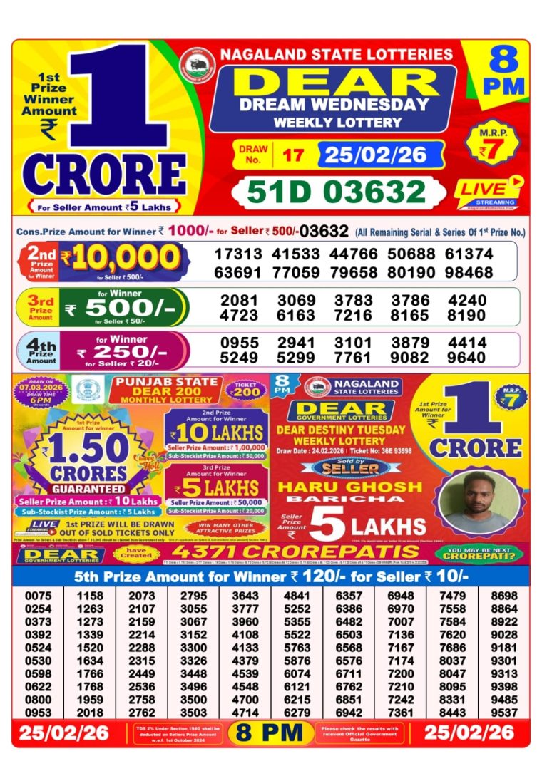 West Bengal Dear Lottery 8PM Result 25-02-2026