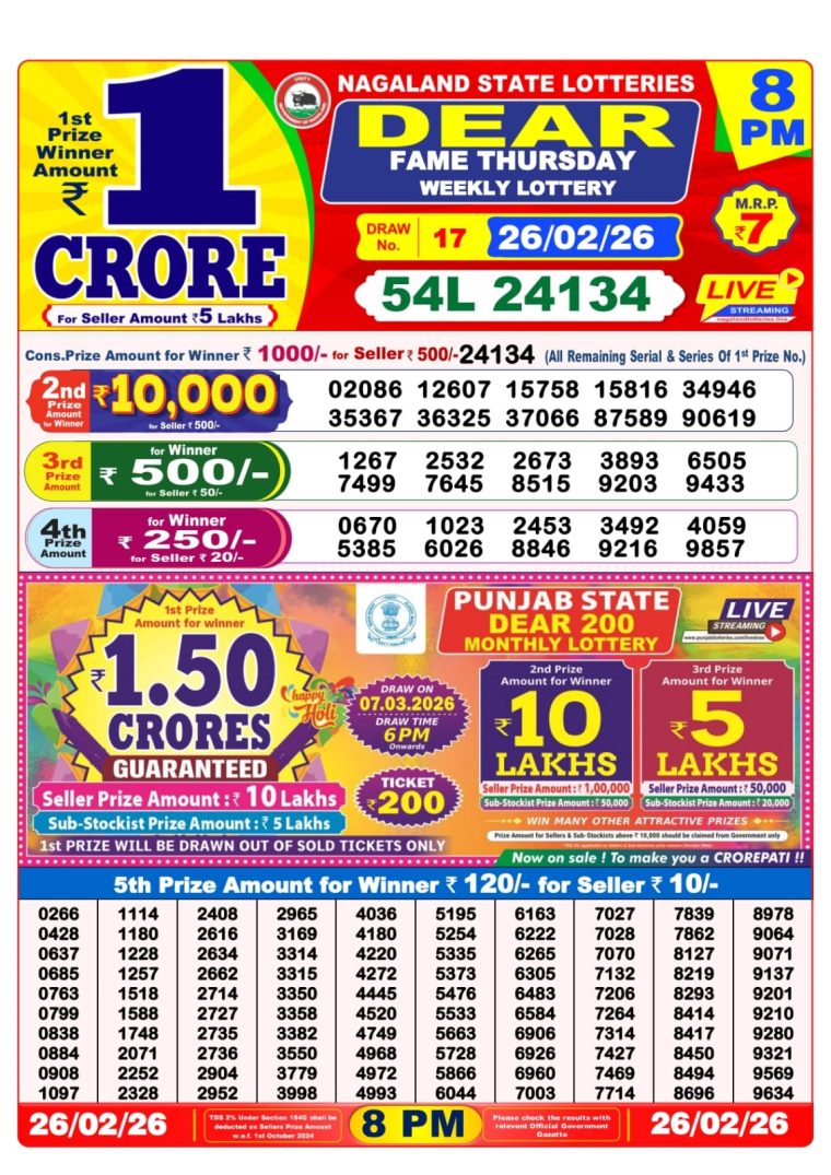 West Bengal Dear Lottery 8PM Result 26-02-2026