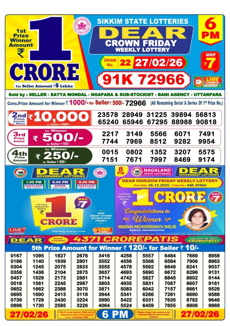 West Bengal Lottery Result 6PM 27-02-2026