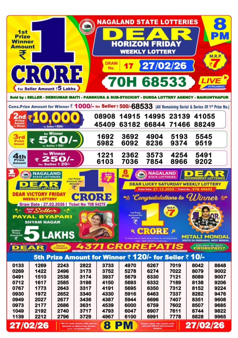West Bengal Dear Lottery 8PM Result 27-02-2026