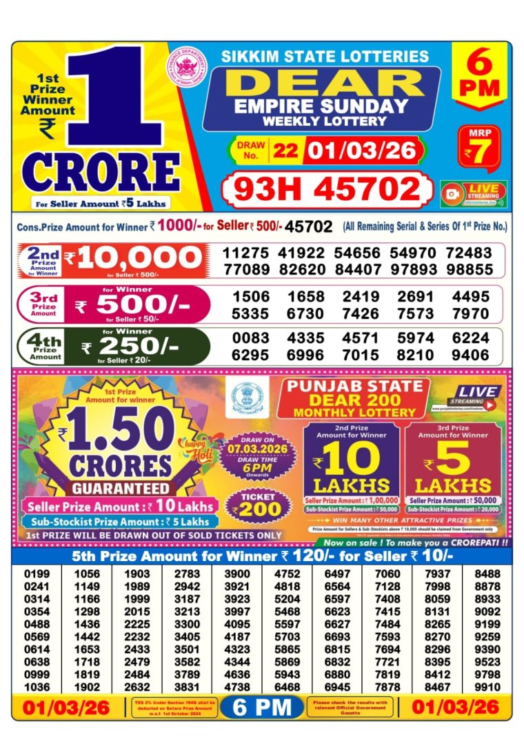 West Bengal Lottery Result 6PM 01-03-2026