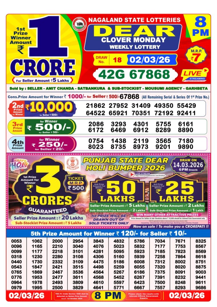 West Bengal Dear Lottery 8PM Result 02-03-2026