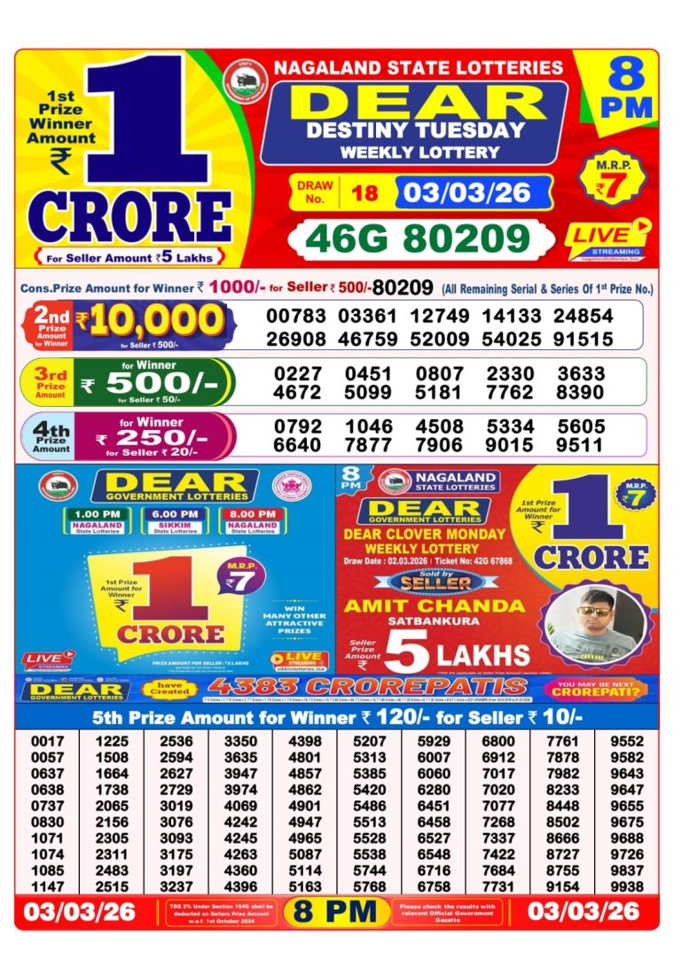 West Bengal Dear Lottery 8PM Result 03-03-2026