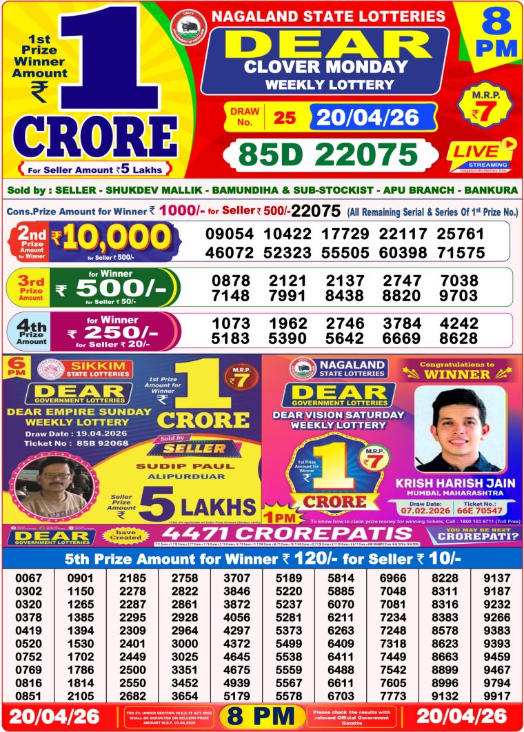 West Bengal Dear Lottery Result 8PM 20-04-2026