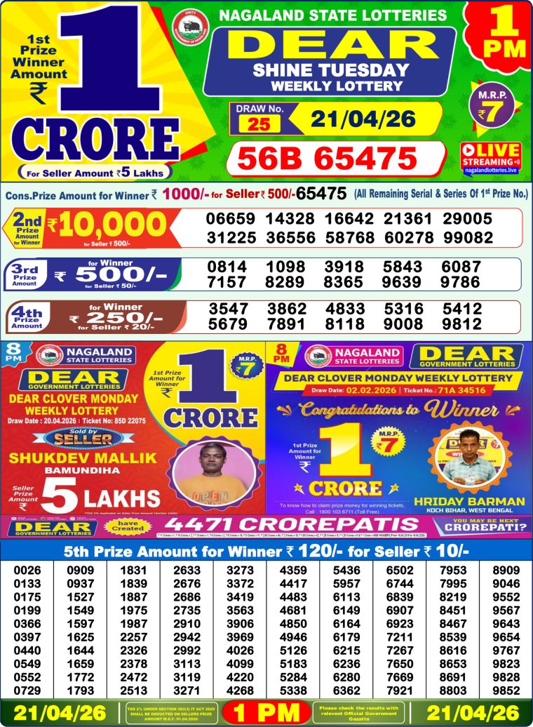 Lottery Sambad West Bengal 1PM Result 21-04-2026