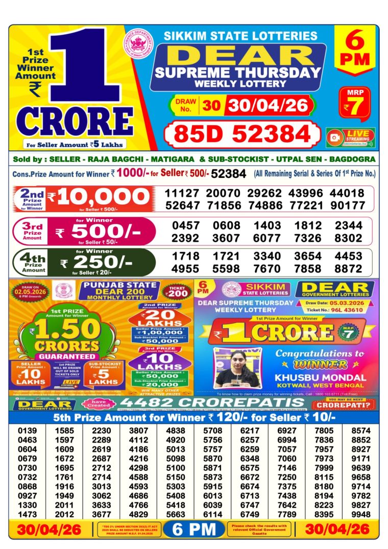 Lottery Result West Bengal 6PM 30-04-2026