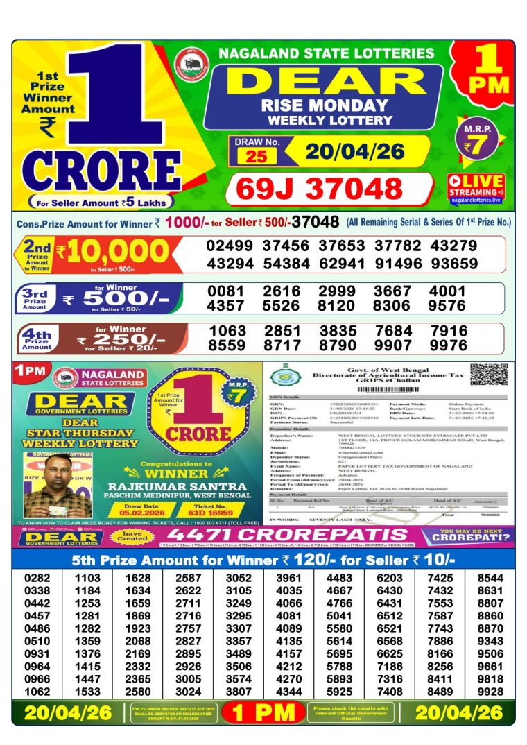 Lottery Sambad West Bengal 1PM Result 20-04-2026