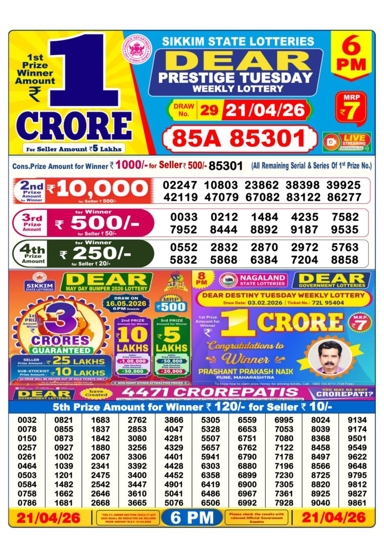 Lottery Result West Bengal 6PM 21-04-2026
