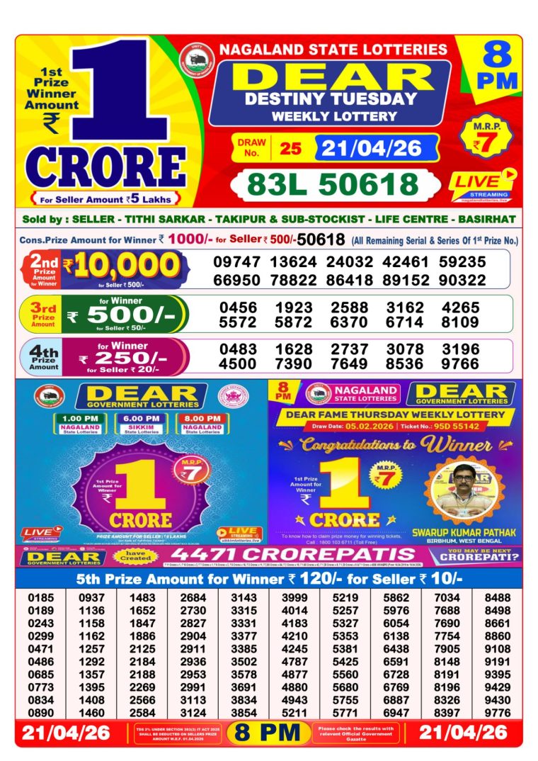 West Bengal Dear Lottery Result 8PM 21-04-2026