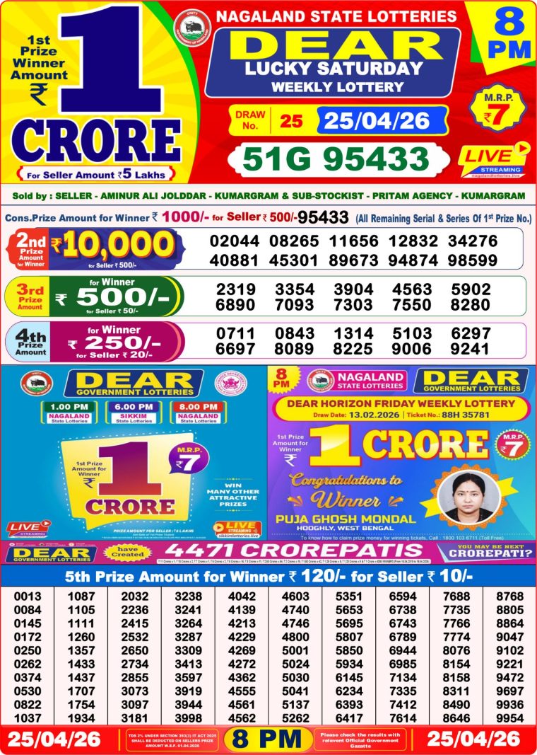 West Bengal Dear Lottery Result 8PM 25-04-2026