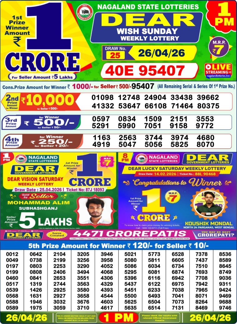 Lottery Sambad West Bengal 1PM Result 26-04-2026