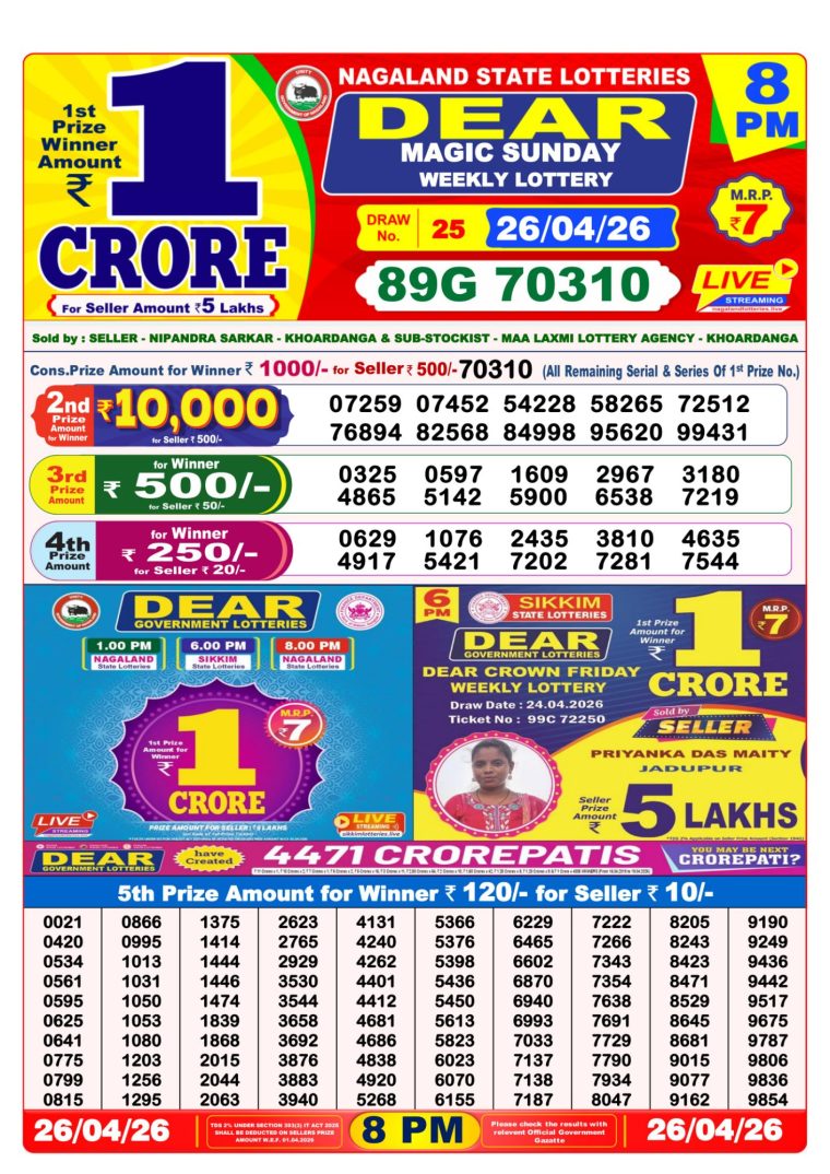 West Bengal Dear Lottery Result 8PM 26-04-2026