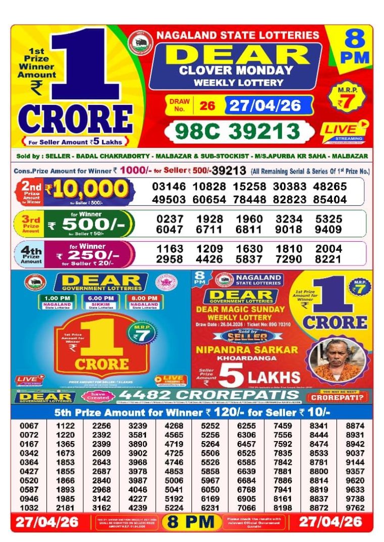 West Bengal Dear Lottery Result 8PM 27-04-2026