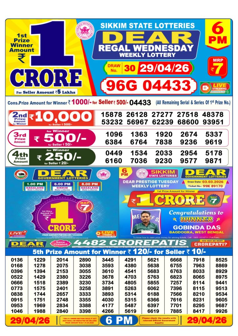 Lottery Result West Bengal 6PM 29-04-2026