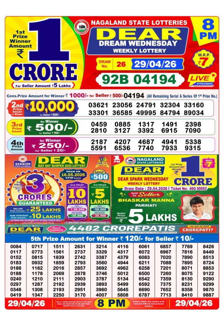 West Bengal Dear Lottery Result 8PM 29-04-2026