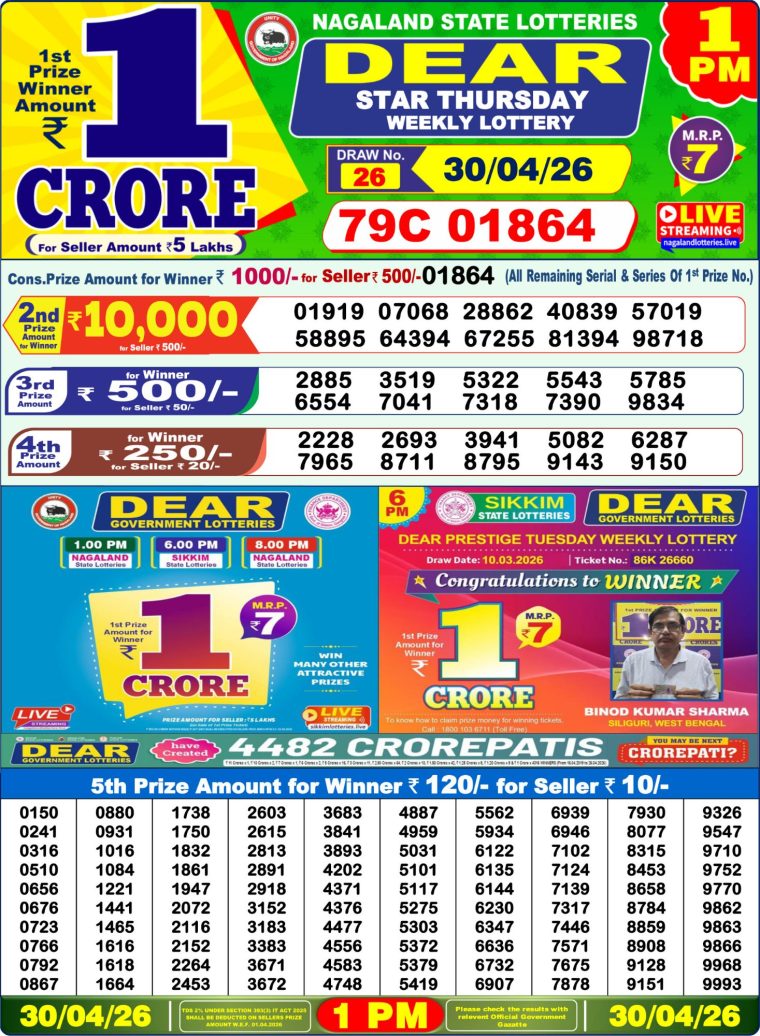 Lottery Sambad West Bengal 1PM Result 30-04-2026