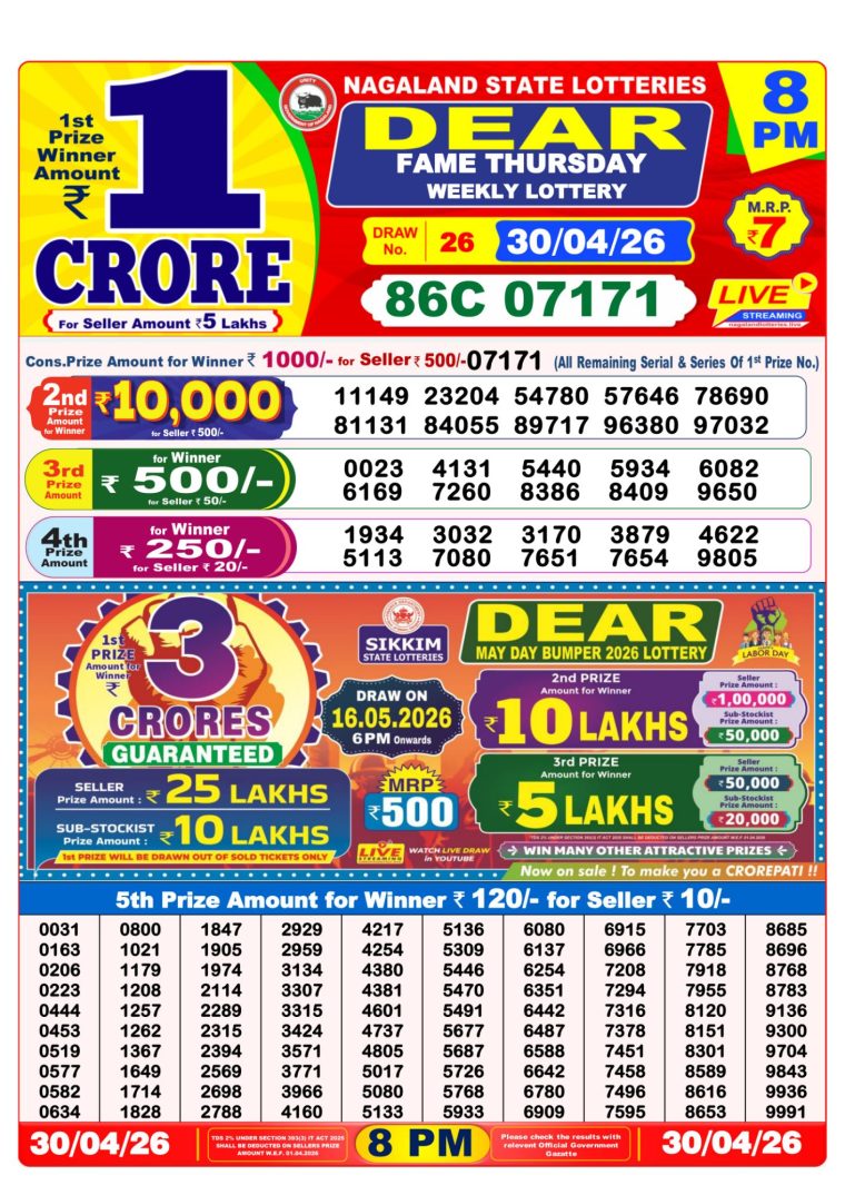 West Bengal Dear Lottery Result 8PM 30-04-2026