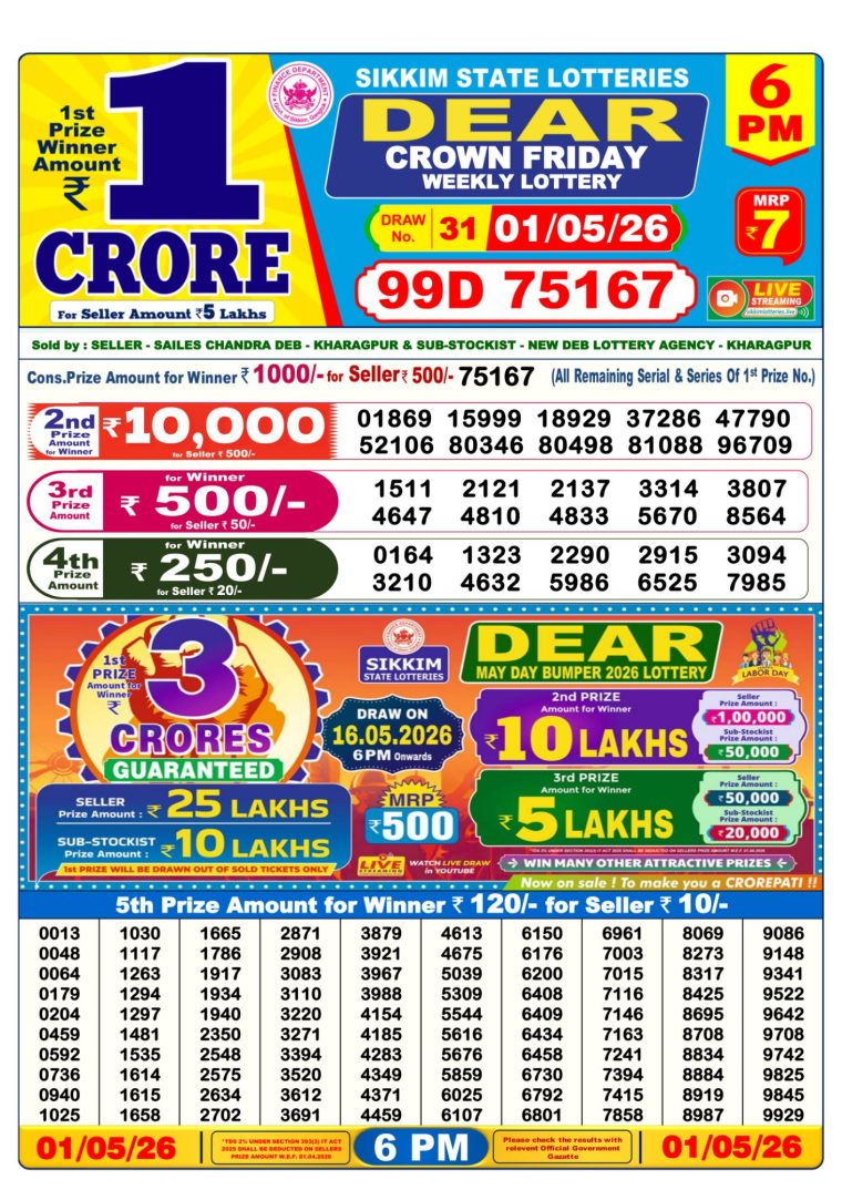 Lottery Result West Bengal 6PM 01-05-2026