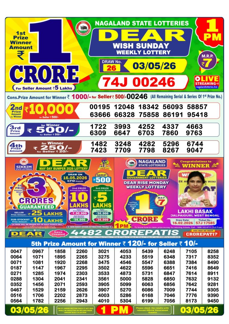 Lottery Sambad West Bengal 1PM Result 03-05-2026