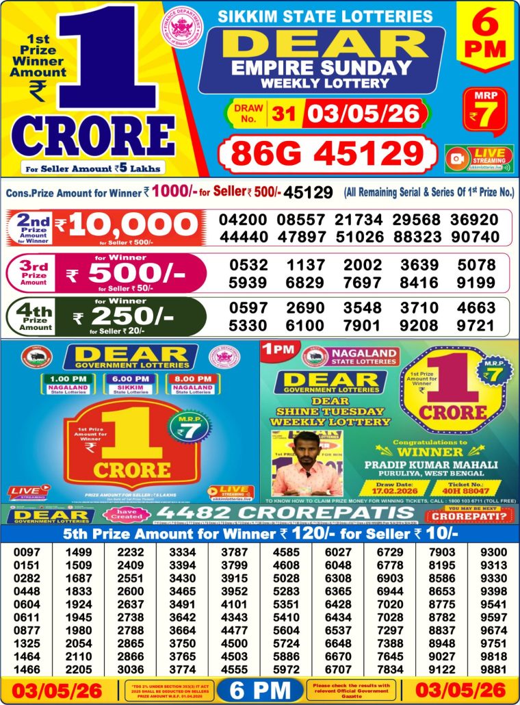 Lottery Result West Bengal 6PM 03-05-2026
