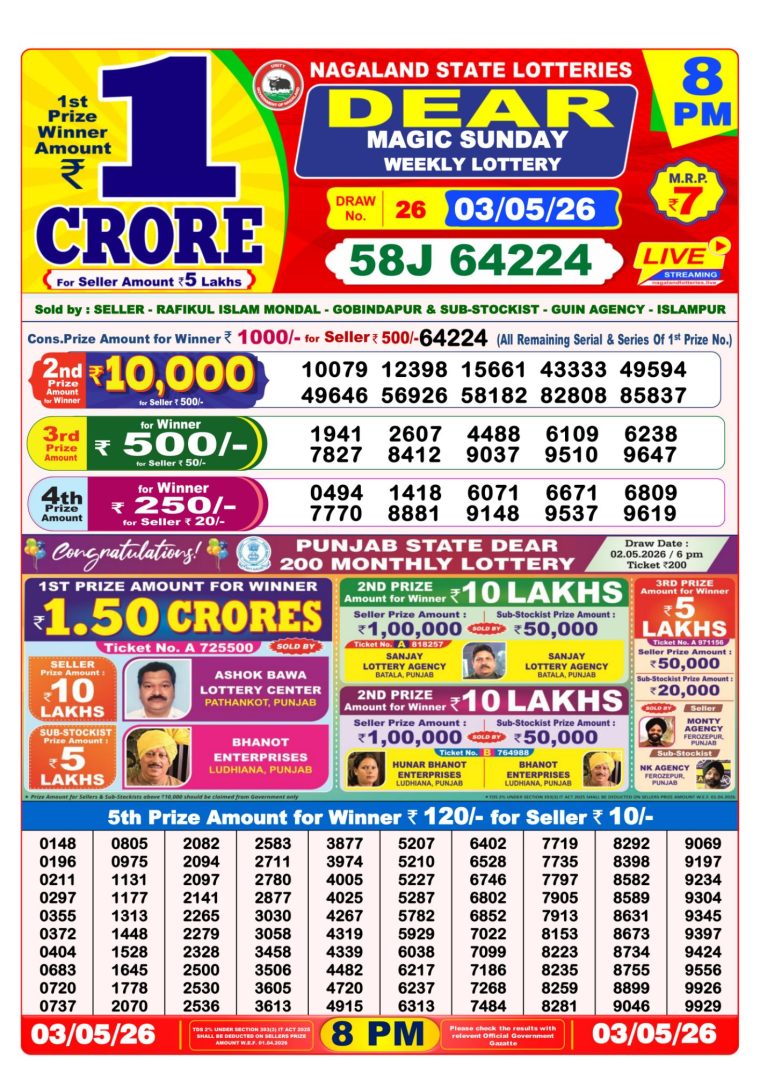 West Bengal Dear Lottery Result 8PM 03-05-2026