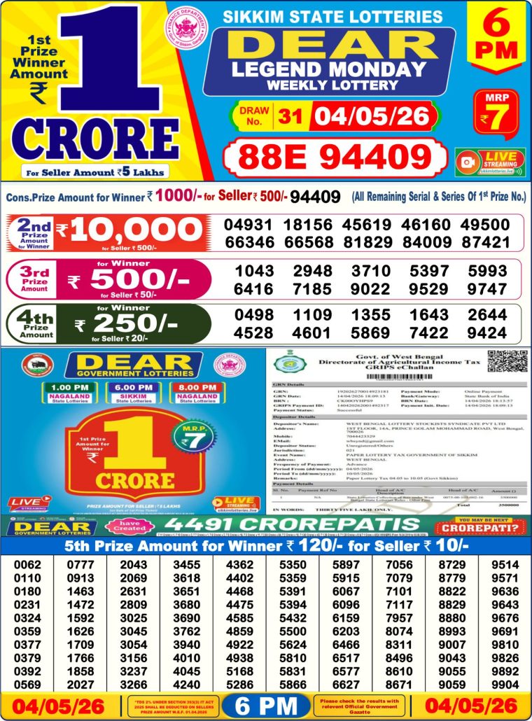 Lottery Result West Bengal 6PM 04-05-2026