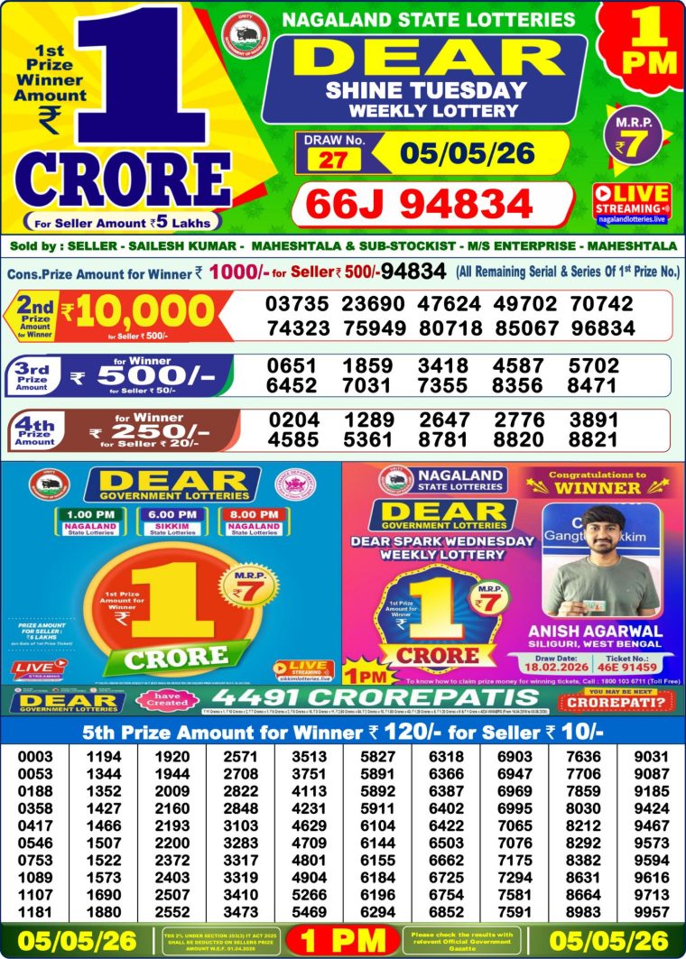 Lottery Sambad West Bengal 1PM Result 05-05-2026