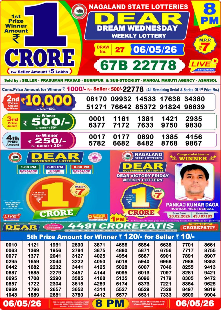West Bengal Dear Lottery Result 8PM 06-05-2026