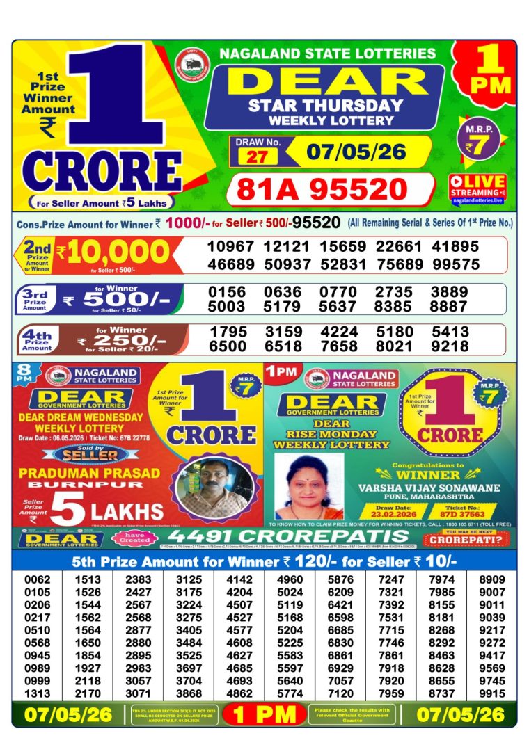 Lottery Sambad West Bengal 1PM Result 07-05-2026