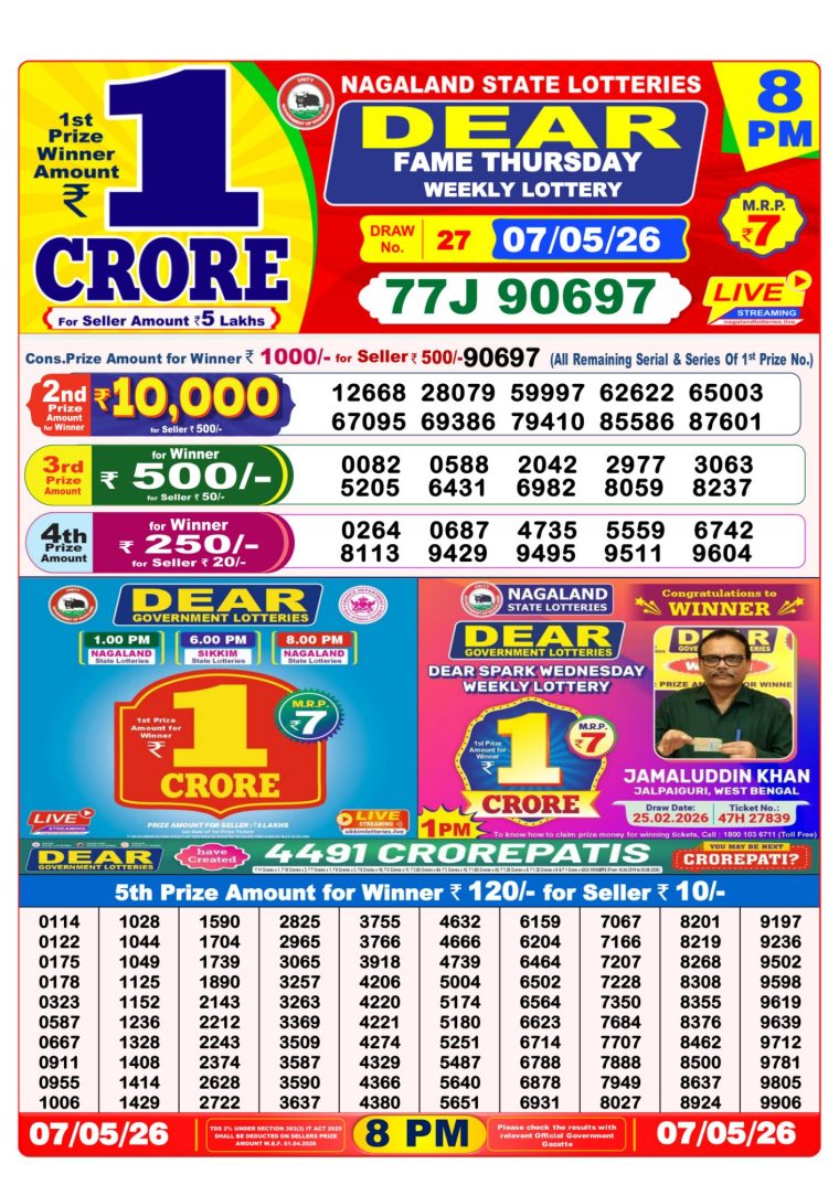 West Bengal Dear Lottery Result 8PM 07-05-2026