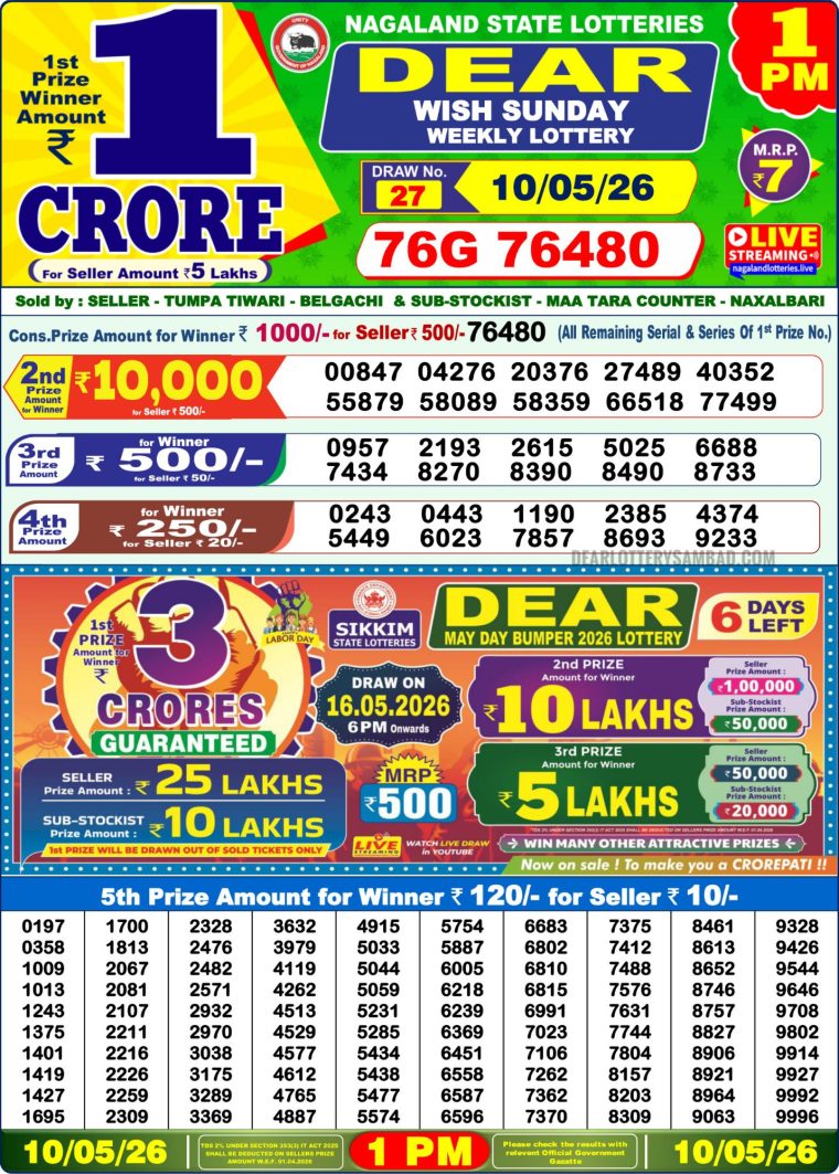 Lottery Sambad West Bengal 1PM Result 10-05-2026