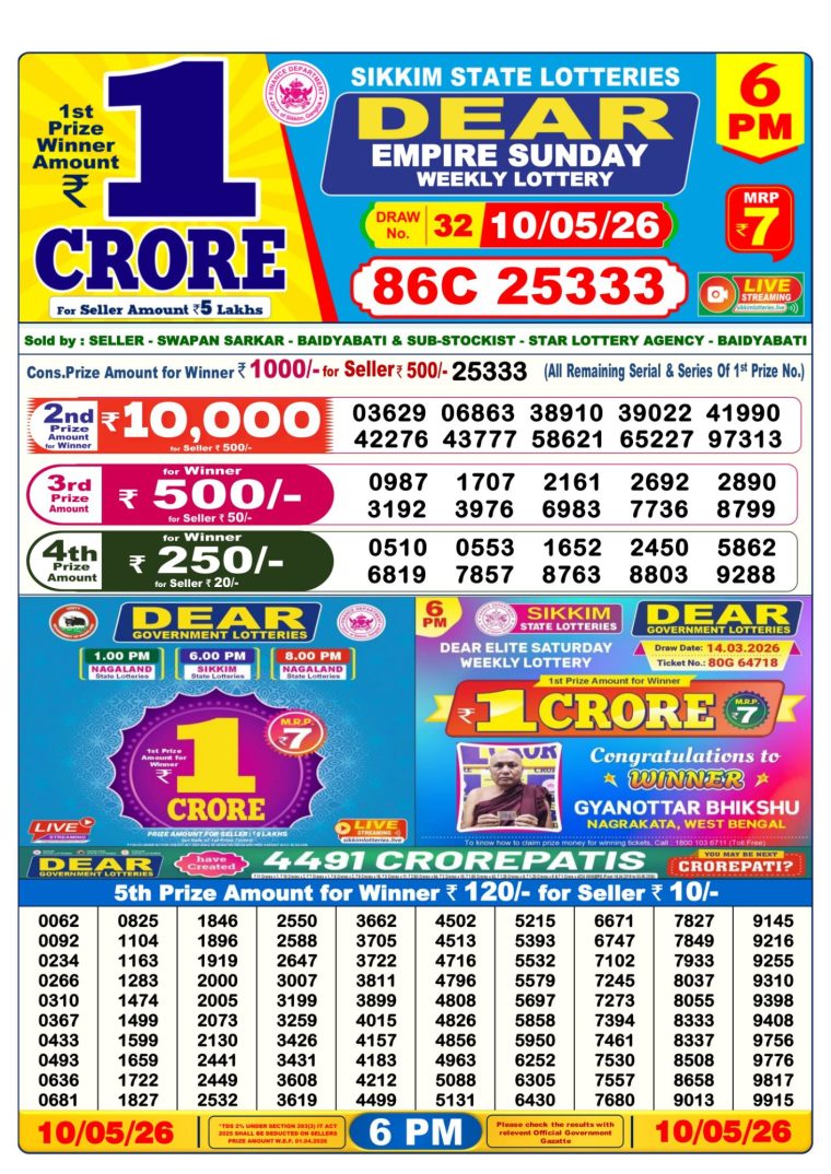 Lottery Result West Bengal 6PM 10-05-2026